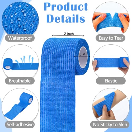 Treela 64 Pack 2" X 5 Yards Self Adhesive Bandage Wrap Blue | Cohesive Flexible Wrap for Wrist Ankle Fingers, Breathable Sports Tape, Self Adherent Rolls for Pets Vet, Coban Style - color: Blue, size: 2 Inch X 5 Yard
