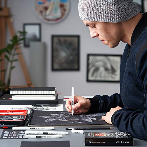 ARTEZA White Gel Pens, Set of 12 Rollerball Pens for Drawing, Highlights & Writing, Opaque Ink for Black Paper and Dark Surfaces - style: Set of 12