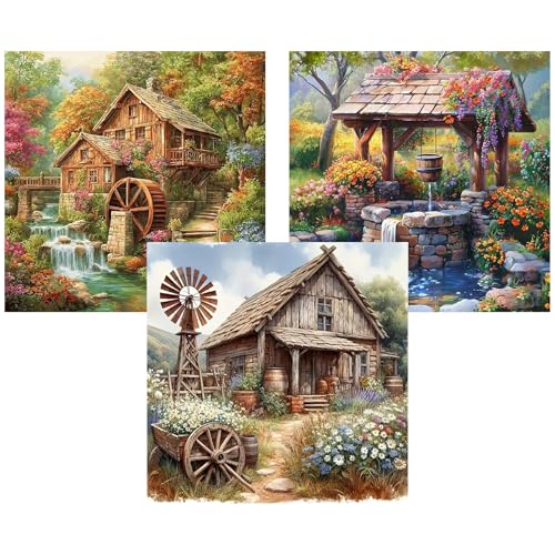 Axquilon 3 Pack Farmhouse Diamond Art Kits for Adults 12x12 inch | Diamond Painting Kits for Adults Beginner, DIY 5D Full Drill Gem Art for Home Wall Decor - color: 3-Pack Farmhouse