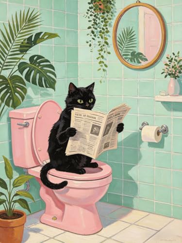 5D Diamond Art Kits for Adults, Black Cat Bathroom Diamond Painting - color: KM1094-1