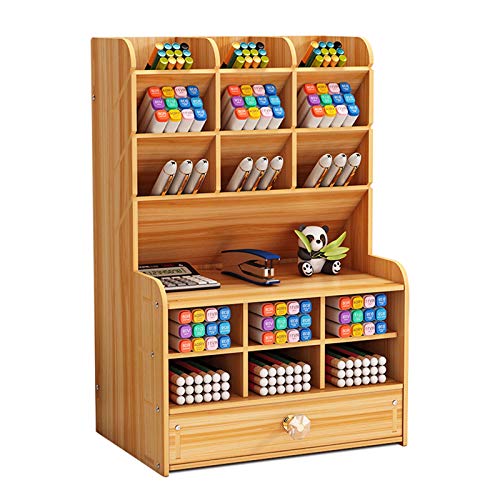Marbrasse Wooden Desk Stationary Organizer, Multi-Functional Pen Holder, Storage Rack for School Home Office Art Supplie (B16-Cherry Color) - color: B16-Cherry Color