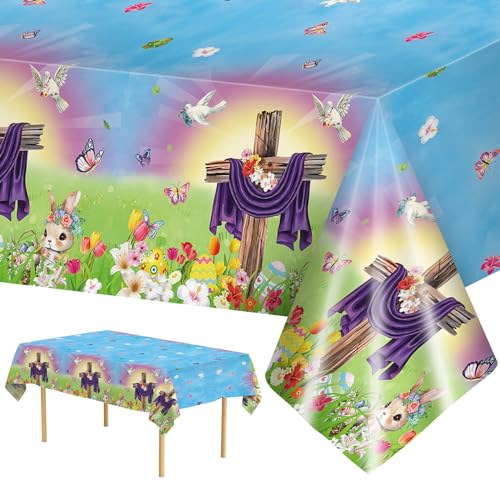 2 Pack Easter He is Risen Tablecloth - Spring Flower Christian Cross Table Cloth, Plastic Disposable Rectangle Religious Easter Bunny Eggs Table Cover for Tables Decorations and Party Decor,108x54Inch - color: Easter