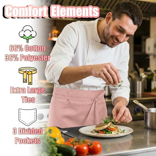 TOSHE Waist Apron 3 Pockets Waterdrop Resistant Cotton Server,Chef,Waitress - color: Powder Pink