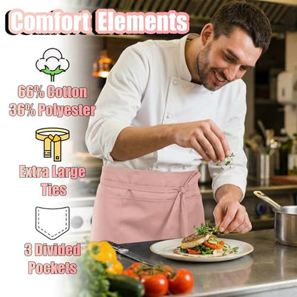 TOSHE Waist Apron 3 Pockets Waterdrop Resistant Cotton Server,Chef,Waitress - color: Powder Pink