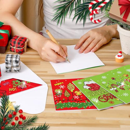 Saillong 12 Pack Christmas Diamond Painting Greeting Card Kits DIY Lime Green Christmas Diamond Art Cards with Envelopes Xmas 5D Rhinestones Painting for Adults DIY Craft Family Friend Xmas Gifts - color: Lime Green Christmas