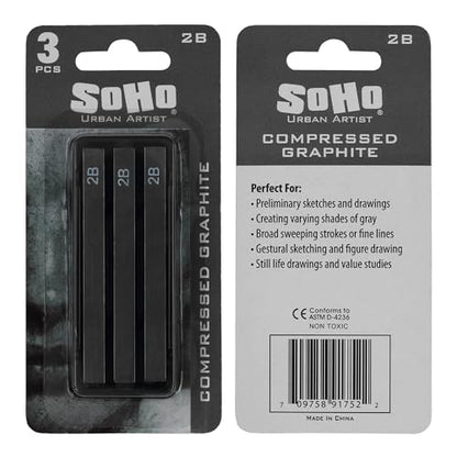 SoHo Urban Artist Compressed Graphite Sticks 2B, Pack of 3 - Premium Graphite Sticks for Drawing - Versatile & Smooth Gliding Artist Graphite - Ideal for Professionals, Students, and Artists - color: 2B