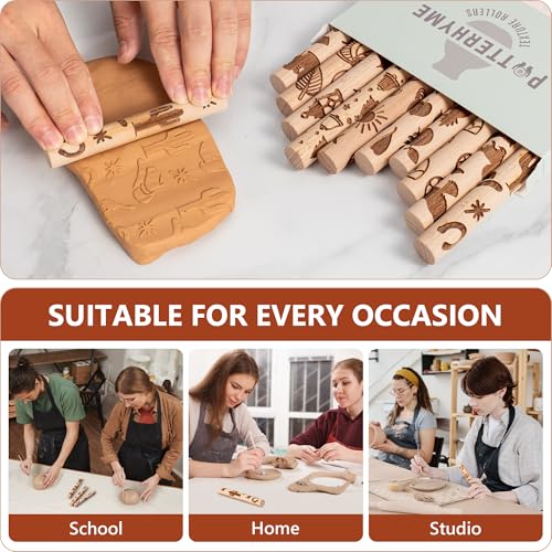 10pcs Wooden Clay Texture Rollers Set for Pottery & Ceramics - Popular Patterns - Potters Stamp Roller Tools for Ceramic Slabs - Textured Rolling Modeling Pins (0.63" x 5" inch) - color: Fun Activity