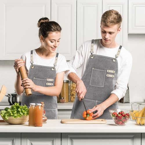 Hongsome Cotton Canvas Cross Back Apron for Art Painting Garden Chef Bartender Work,Women Men 3 Pockets Waterproof M-XXL - color: Grey