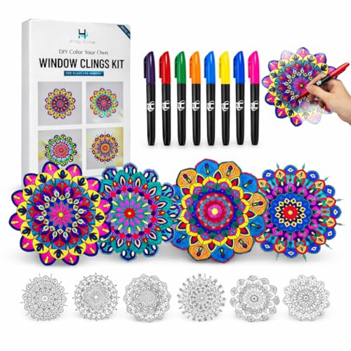 Hula Home Stained Glass Mandala Art Kit - DIY Window Clings with Markers, 10 Suncatchers - Perfect Hobby for Adults, Kids, Teens & Seniors - Ideal Gift for Beginners, Women & Elderly - size: Stained Glass Style - New Markers