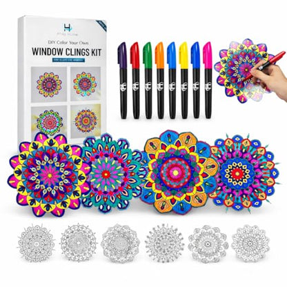 Hula Home Stained Glass Mandala Art Kit - DIY Window Clings with Markers, 10 Suncatchers - Perfect Hobby for Adults, Kids, Teens & Seniors - Ideal Gift for Beginners, Women & Elderly - size: Stained Glass Style - New Markers