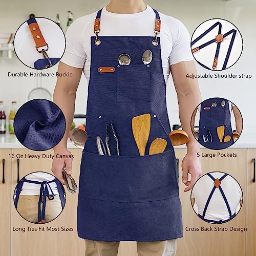 Aoomzoon Canvas Aprons for Men Chef Apron, Work Apron with Large Pockets - 16oz Heavy Duty Cross Back, BBQ, Cooking - color: Blue