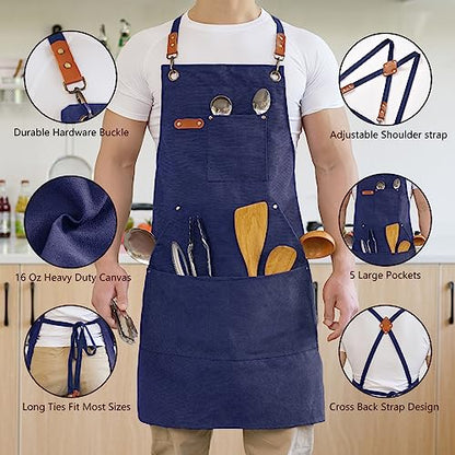 Aoomzoon Canvas Aprons for Men Chef Apron, Work Apron with Large Pockets - 16oz Heavy Duty Cross Back, BBQ, Cooking - color: Blue