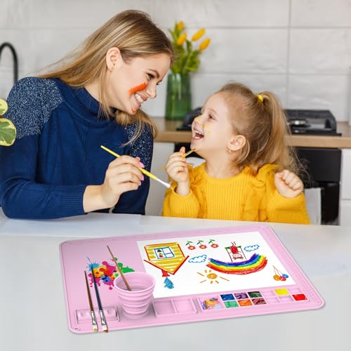 IYYI Silicone Painting Mat, Paint Mat with Cup and Palette, 20"X16" Siliocne Pad for Crafts, Resin, Clay, Kids Art Pad with Raised Edge (Pink) - color: Pink