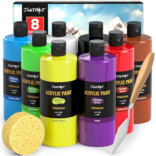 JusArt Beginner Acrylic Paint Set, 8 Colors (16.9oz/500ml Each) Bulk Large Bottles Artist Primary Paints for Canvas, Walls, Ceramics, Rocks, Eggs, Glass, Crafts - color: 8 Colors (16.9oz)