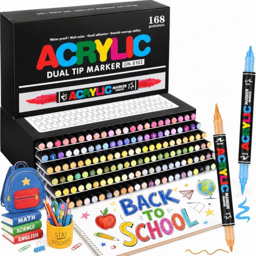168 Colors Dual Tip Acrylic Paint Markers, for Rock Wood Glass Canvas Egg | Dual Tip 0.5-5mm Brush + 1mm Fine, Water-based Non-toxic Quick-Dry Acrylic Brush Markers, for Rock Wood Fabric Glass Canvas