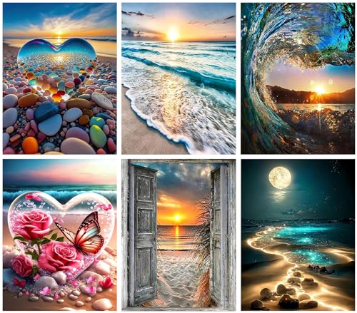 KINPLUB 6 Pack Diamond Painting Kits for Adults, 5D Beach Diamond Art Kits for Beginners, DIY Full Drill Paint with Diamond Gem Art, Home Wall Decor 12 x 16 Inch - color: 6 Pack-Beach