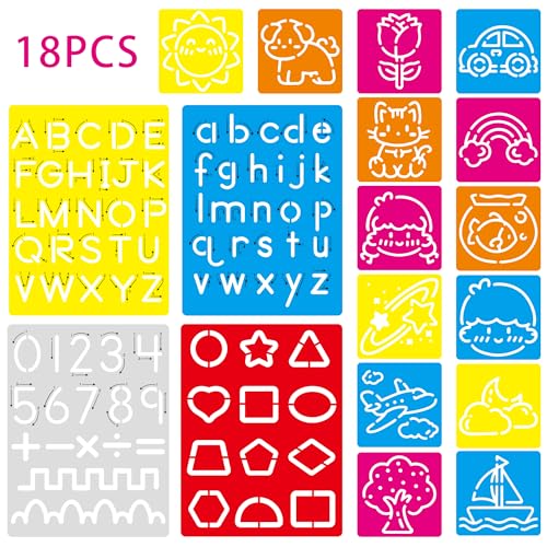18 PCS Letter Tracing Stencils for Kids Numbers Alphabet Colorful Stencil | Mix Car Animal Stencils Writing Practice Kit