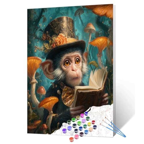 Aihonmin Monkey Reading Book Paint by Numbers Kit for Adults Beginners on Canvas,Animals DIY Oil Painting Crafts Acrylic Mushrooms Forest Paintwork Home Wall Decoration Gifts 16X20 Inch (Frameless) - color: Hat Animal-16, size: 16''x20''(Frameless)