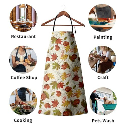 Fall Colorful Maple Leaves Apron with Pockets Autumn Watercolor Leaves Apron with Adjustable Neck Thanksgiving Day holiday Farmhouse Chef Cooking Apron for Women Men Dinner Baking BBQ - color: Fall-a