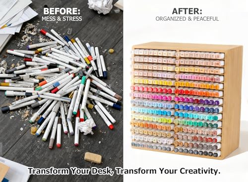 280 Marker Organizer, Bamboo Wooden Storage for Alcohol Markers Pens Pencils, No Assembly, Large Desk Holder for Artists Teachers Students, Classroom Office Art Supply (A No Drawer) - style: A No Drawer