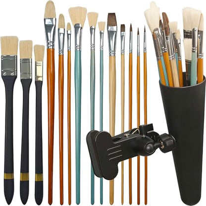 14 Paint Brushes Set with Brush Holder, Includes Hog Bristle & Weasel Hair Brushes for Oil, Acrylic, and Watercolor, Rotating Metal Clamp Convenient Storage and Positioning During Painting
