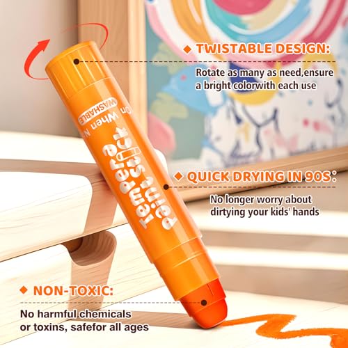 Ellinjan Tempera Paint Sticks For Kids, 24 Colors, Washable & Quick-Drying Twistable Solid Paint, Mess-Free Art Supplies for Drawing & Painting, Ideal Toddler Arts and Crafts Gifts