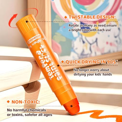 Ellinjan Tempera Paint Sticks For Kids, 24 Colors, Washable & Quick-Drying Twistable Solid Paint, Mess-Free Art Supplies for Drawing & Painting, Ideal Toddler Arts and Crafts Gifts