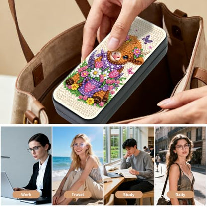 FlyingMage 5D Diamond Art Painting Kit, Hard Shell Eyeglasses Glasses Case | Highland Cattle DIY Diamond Dots, Small Gem Art Painting Mosaic Kits, Cute Sunglasses Case for Adults Beginner Women Teen - color: Beige Flower Highland Cattle