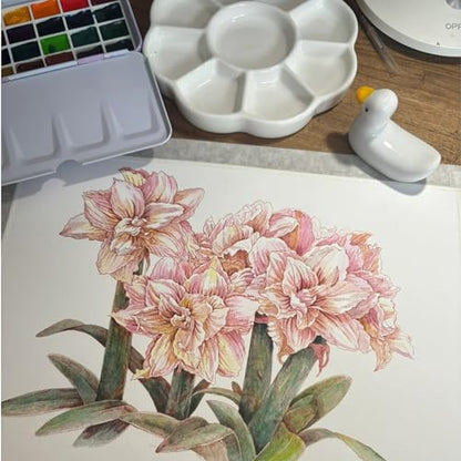9 Well Porcelain Ceramic Watercolor Paint Palette, 5.3 Inch Flower Design Mixing Tray for Arts Crafts, Gouache, Acrylic Paints, Jewelry Organizer
