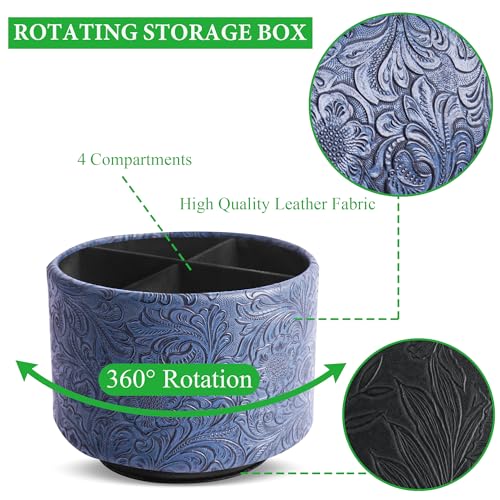 Round Leather Art Supply Organizer,Remote Control Holder,360 Degree Spinning,Multi-Functional Pencil Holder,4 Compartments Desktop Stationary Organizer(1-Carved Dark Blue) - color: 1-Carved Dark Blue