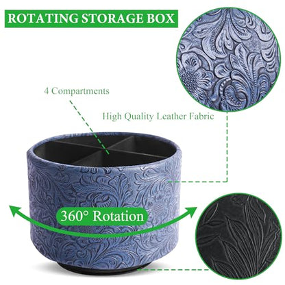 Round Leather Art Supply Organizer,Remote Control Holder,360 Degree Spinning,Multi-Functional Pencil Holder,4 Compartments Desktop Stationary Organizer(1-Carved Dark Blue) - color: 1-Carved Dark Blue