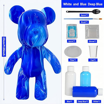 YONXID DIY Fluid Bear Painting Kit - Fluid Art Pour Paint Bear Set - Full Drip Paint Bears Kit with Spill Tray & Apron for Family Activity, Date Night, Holiday Gifts, 9.05 in, Dark Blue+Blue+White - color: Dark Blue+Blue+White(Easy DIY)