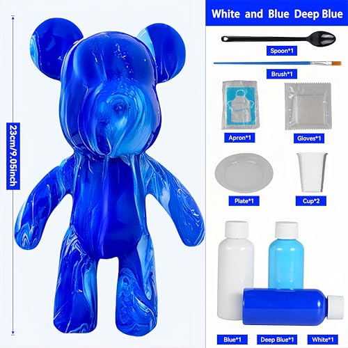 YONXID DIY Fluid Bear Painting Kit - Fluid Art Pour Paint Bear Set - Full Drip Paint Bears Kit with Spill Tray & Apron for Family Activity, Date Night, Holiday Gifts, 9.05 in, Dark Blue+Blue+White - color: Dark Blue+Blue+White(Easy DIY)