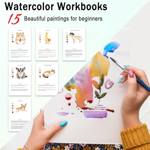 Watercolor Workbooks for Adults Beginners & Teens, 16 Colors 15 Beautiful Paintings, Pre-Outlined Designs, Easy Watercolor Art Book（Without Palette Pet） - color: Pet, size: without palette