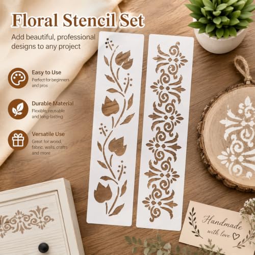 12 Pack Border Stencils Set for Painting on Wood Walls, Reusable Floral Boho Pattern Stencil for Art Crafts, Spray Paint Template for Wallpaper Floor Canvas, Acrylic Painting on Floors Fabric