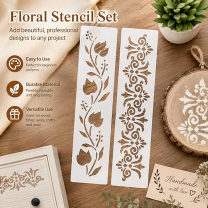 12 Pack Border Stencils Set for Painting on Wood Walls, Reusable Floral Boho Pattern Stencil for Art Crafts, Spray Paint Template for Wallpaper Floor Canvas, Acrylic Painting on Floors Fabric