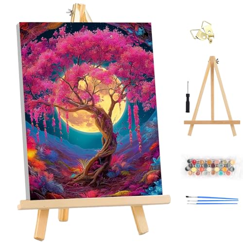 EOBROMD Framed Paint by Numbers Kits for Adults with Wooden Easel, Moon Tree of Life DIY Acrylic Paint by Number on Stretched Canvas, Painting Kits Adults Oil by Numbers for Home Decor 10x14 Inch - color: LG049