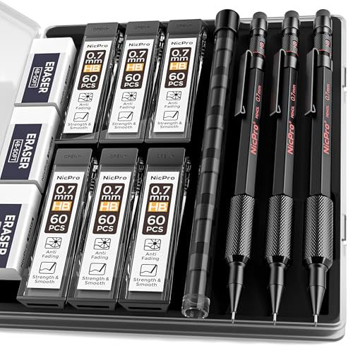 Nicpro 0.7 mm Mechanical Pencil Set with Case, 3PCS Metal Pencil | MP2000 Heavy Duty Lead Pencil + 6 Tube HB Lead Refill, Eraser, Weatherproof Metal Barrel for Outdoor Writing Drafting Drawing - size: 0.7mm