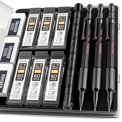 Nicpro 0.7 mm Mechanical Pencil Set with Case, 3PCS Metal Pencil | MP2000 Heavy Duty Lead Pencil + 6 Tube HB Lead Refill, Eraser, Weatherproof Metal Barrel for Outdoor Writing Drafting Drawing - size: 0.7mm