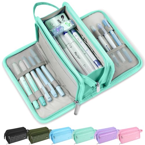 Sooez Big Pencil Case, Pencil Pouch, Pencil Bag, Pencil Box,Celadon & Plaid | Ample Storage, Durable Canvas, Smooth Zippers, Portable Handle, Cute Stationery Organizer, Makeup Bag, School Supplies, Girls - color: Celadon with Plaid