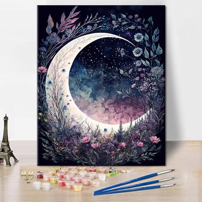 TUMOVO Moon Floral DIY Paint by Numbers Kit for Adults Arts Craft on Canvas | Moon 16x20 inch canvas kit with acrylic paints and 3 brushes, stress-relief painting kit for a calming hobby. - color: Moon
