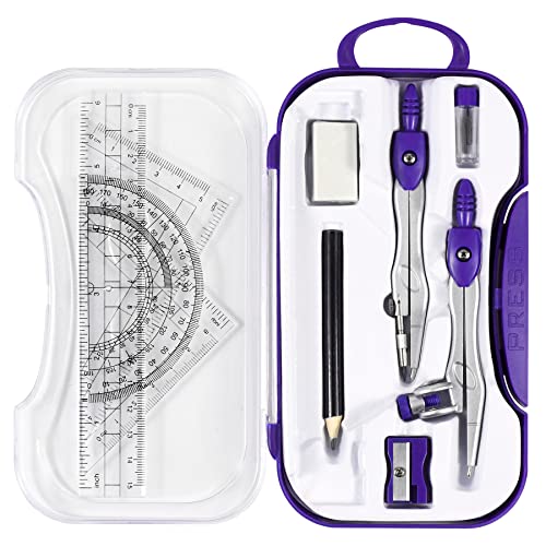 Vobou 10 pcs Math Geometry Set Student Supplies,Compass Kit Set (Purple） | Shatterproof Storage Box,Rulers,Protractor,Compass,Eraser,Pencil Sharpener,Lead Refills,Pencil,for School and Drawing - color: Purple