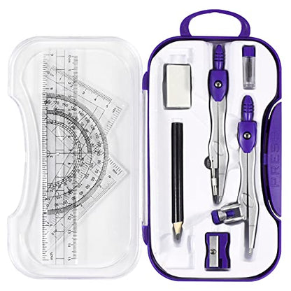 Vobou 10 pcs Math Geometry Set Student Supplies,Compass Kit Set (Purple） | Shatterproof Storage Box,Rulers,Protractor,Compass,Eraser,Pencil Sharpener,Lead Refills,Pencil,for School and Drawing - color: Purple