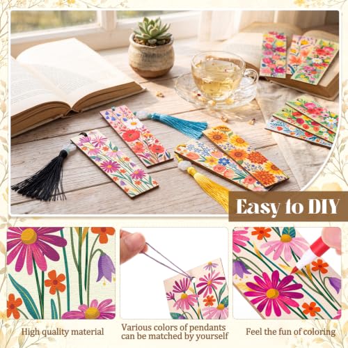 Reallnaive 42 Pcs Wooden Flower Bookmarks DIY Painting Set Includes 15 Unfinished Blank Bookmarks 15 Tassels 12 Markers for Flower Gift Arts Craft Party for Adults Hobby - style: Flower