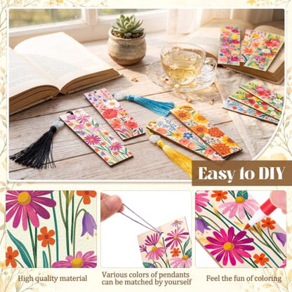 Reallnaive 42 Pcs Wooden Flower Bookmarks DIY Painting Set Includes 15 Unfinished Blank Bookmarks 15 Tassels 12 Markers for Flower Gift Arts Craft Party for Adults Hobby - style: Flower