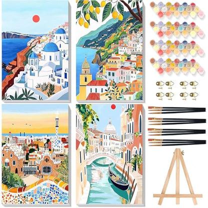 4 Pcs Cityscape Paint by Numbers for Adult with Frame Canvas - Wooden Easel - color: BKH2362+BKH2363+BKH2364+BKH2365