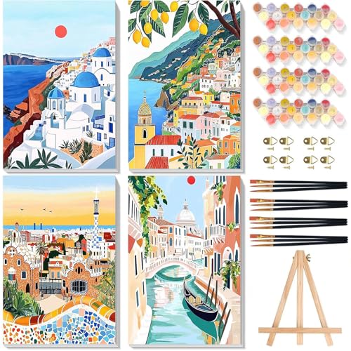 4 Pcs Cityscape Paint by Numbers for Adult with Frame Canvas - Wooden Easel - color: BKH2362+BKH2363+BKH2364+BKH2365