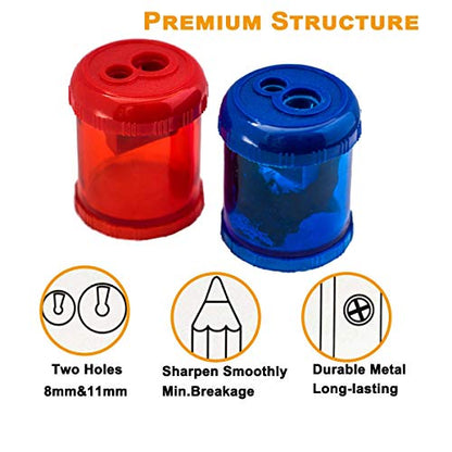 WEKOILManual Pencil Sharpener Dual Twin Holes Duty Metal Sharp Blade Crayon XL Sharpener with Large Round Catches Sharpening Regular HB Pencils Graphite Colored Jumbo Pencils