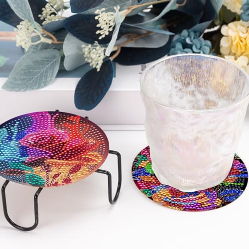 8 Pcs Diamond Painting Coasters with Holder, DIY Oil Peony Rose Flower Diamond Art Coasters for Drinks Diamond Painting Kits for Beginners, Diamond Art Kits Craft Supplies for Adults Kids Coaster Gift - color: Oil Rose Flower