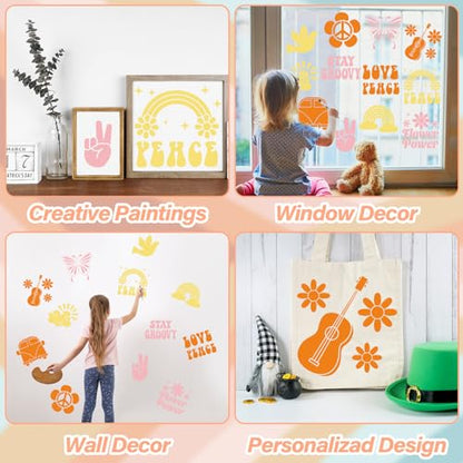 36pcs Groovy Hippie Drawing Stencils for Kids 8 Inch Sidewalk Chalk Stencils Painting Spring Gifts Large Washable Reusable Retro Boho Themed Primary Shape Template for Kids Toddlers Preschool - style: Groovy